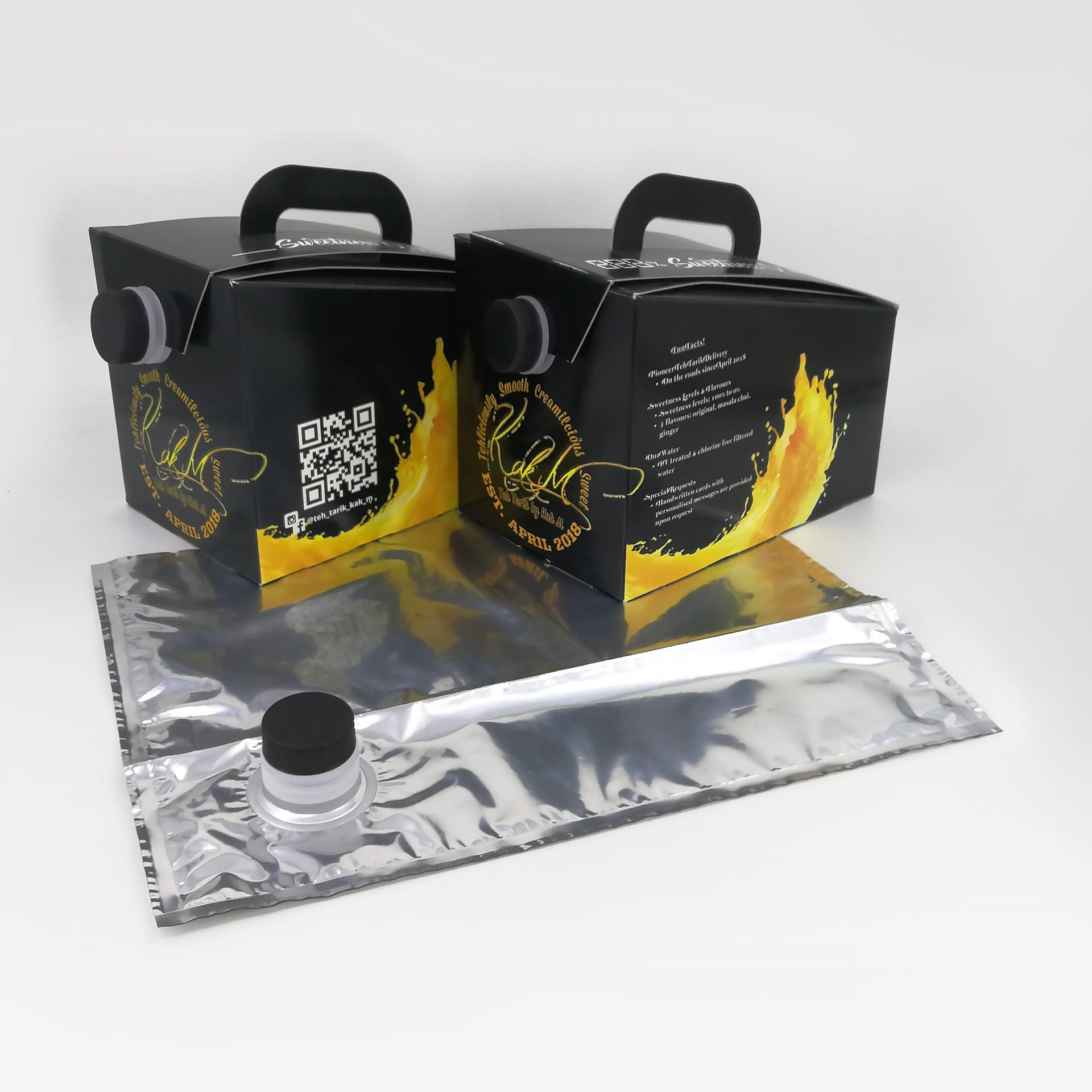 Printed black bag-in-box pair with foil pouches