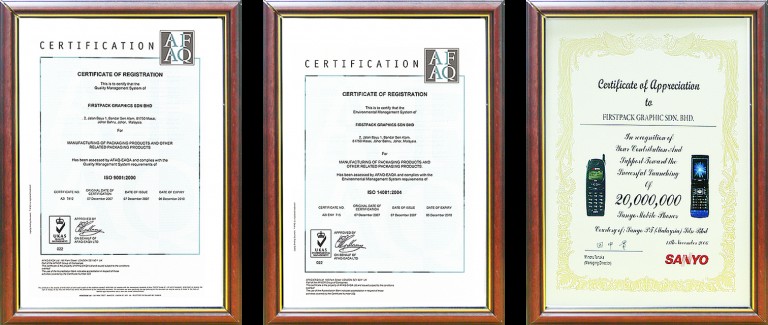 Three framed certificates: AFAQ ISO 9001 and ISO 14001 certificates of registration, and the SANYO certificate of appreciation
