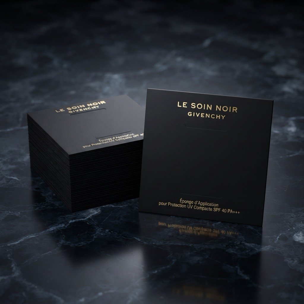 Givenchy Le Soin Noir applicator cards in black with gold foil, stacked on dark marble
