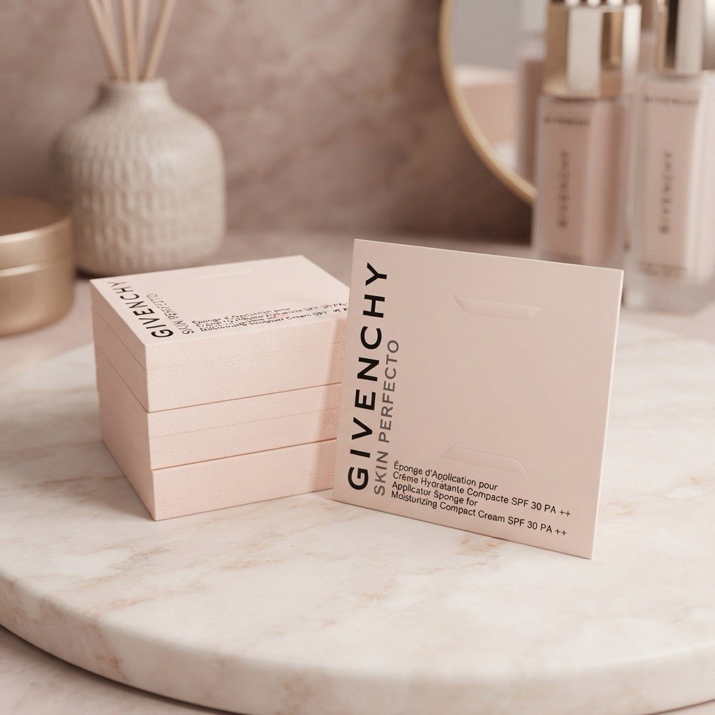Givenchy Skin Perfecto applicator cards in blush with foil on pale marble