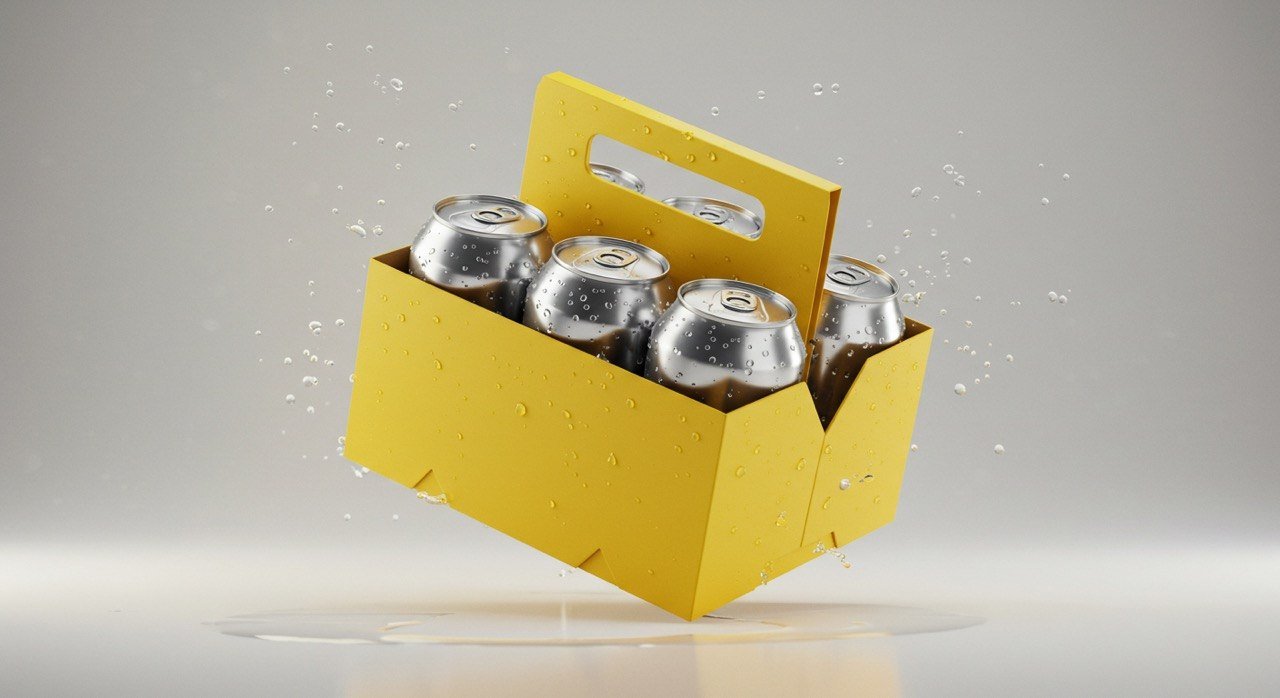 Yellow board can carrier holding four cans on a dark ground