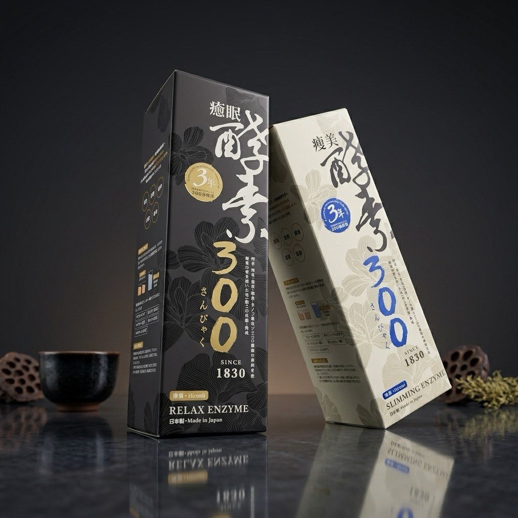 Relax Enzyme and Slimming Enzyme 300 cartons paired, black and cream, on a dark ground
