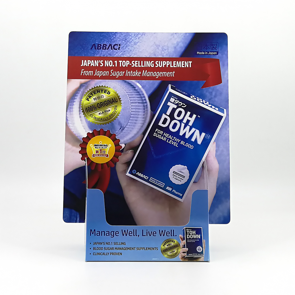 ABBACi Toh Down counter display unit with printed header card and dispenser tray