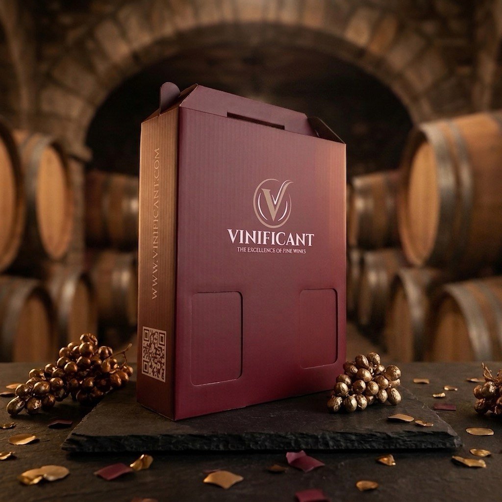 Vinificant burgundy wine box — printed wine carrier box in a barrel cellar