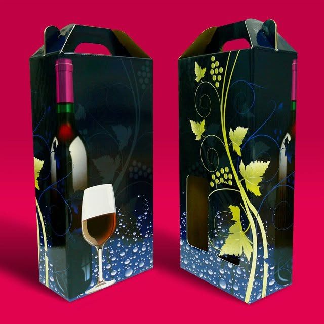 Black wine carrier bag with gold floral print