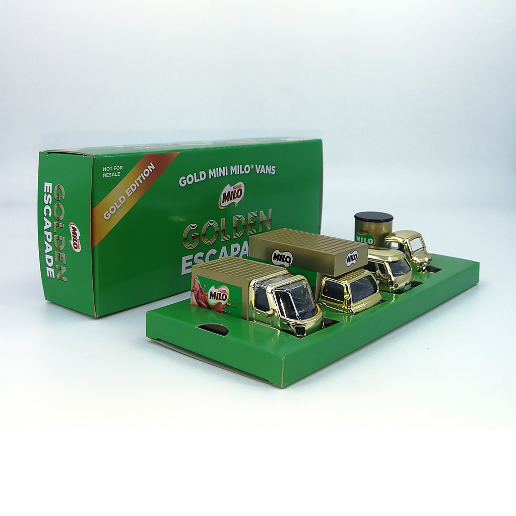 Gold Mini Milo Vans — Golden Escapade box opened to its fitted van tray