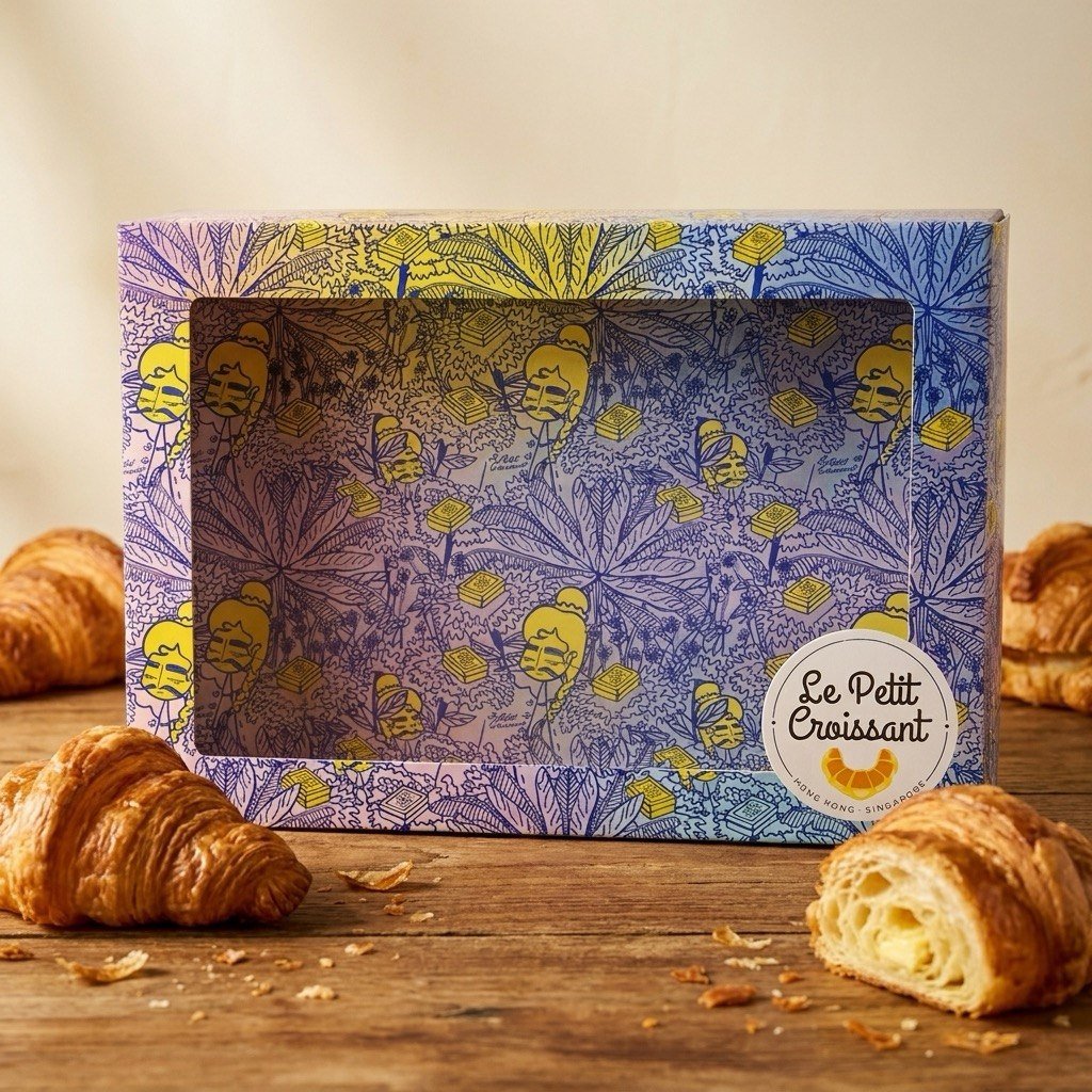 Le Petit Croissant die-cut window pastry box in purple and gold litho with croissants