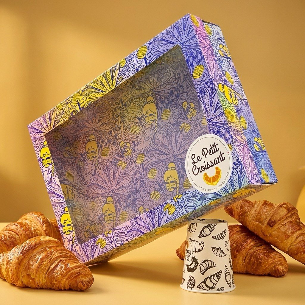 Le Petit Croissant pastry box on a second angle with matching printed cup and croissants