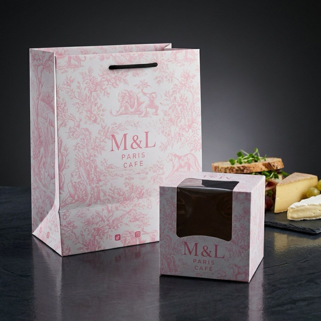 M&L Paris Café pink toile carrier bag with its matching window box
