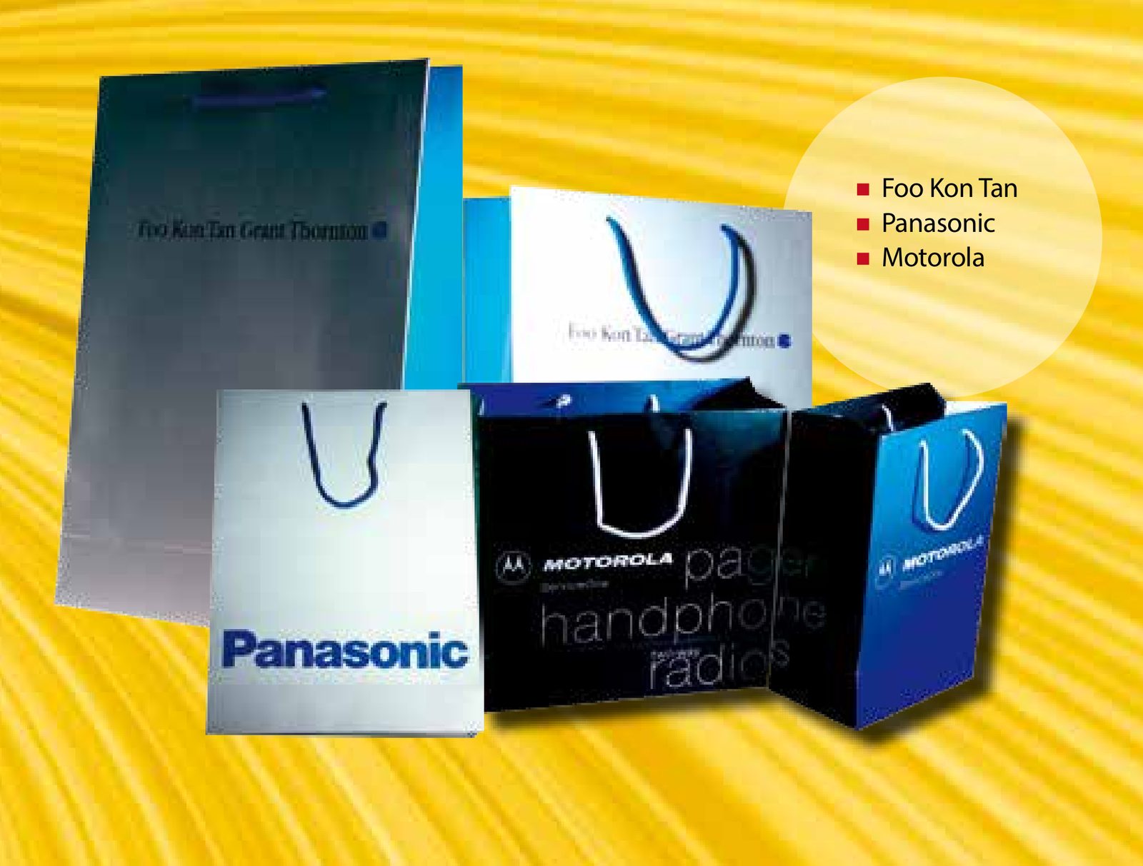 Corporate paper carrier bags printed for Panasonic, Motorola and Foo Kon Tan