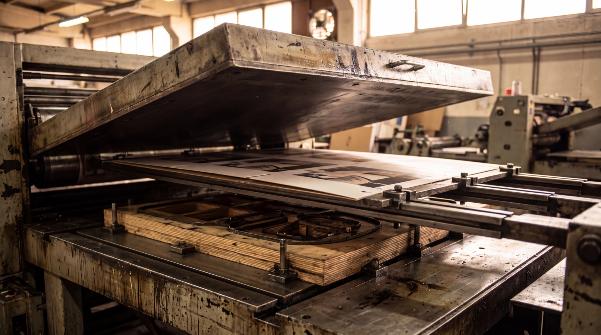 Die-cutting flatbed mid-cycle on the Firstpack factory floor