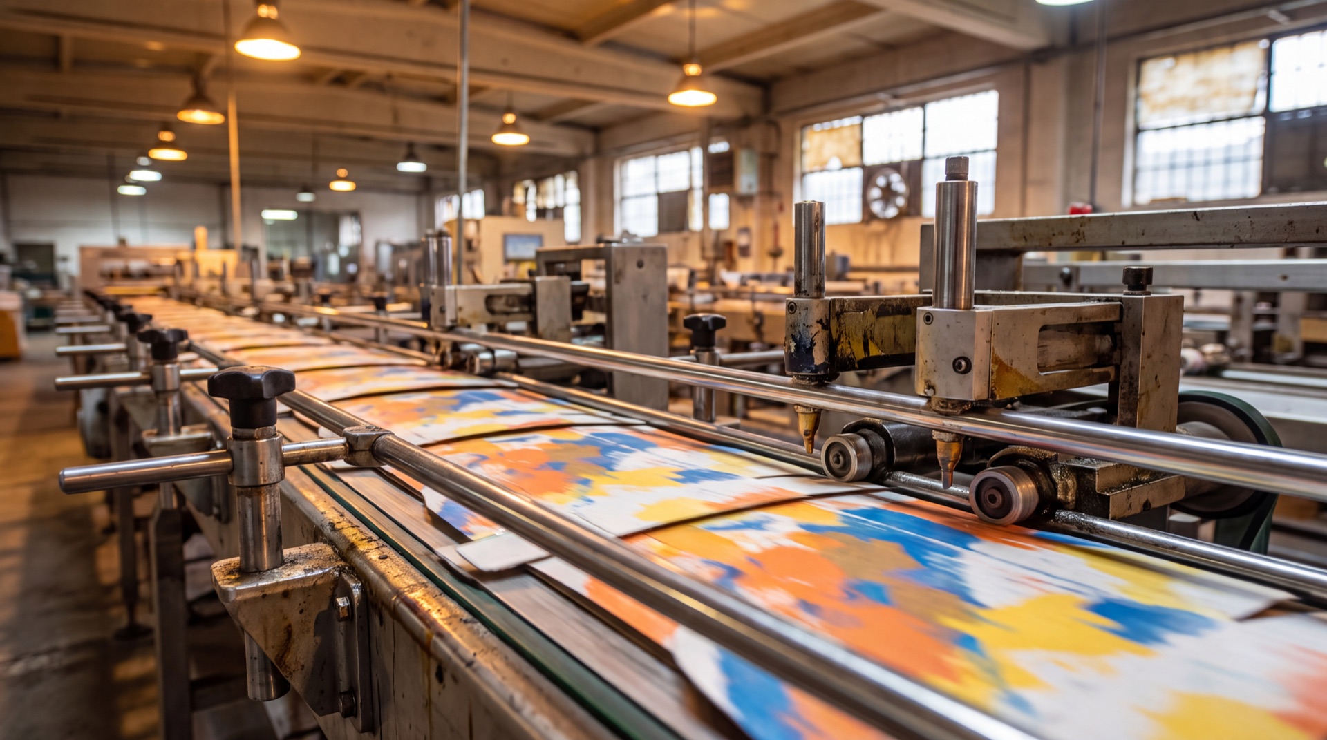 A shingled stream of printed cartons running along a folder-gluer conveyor