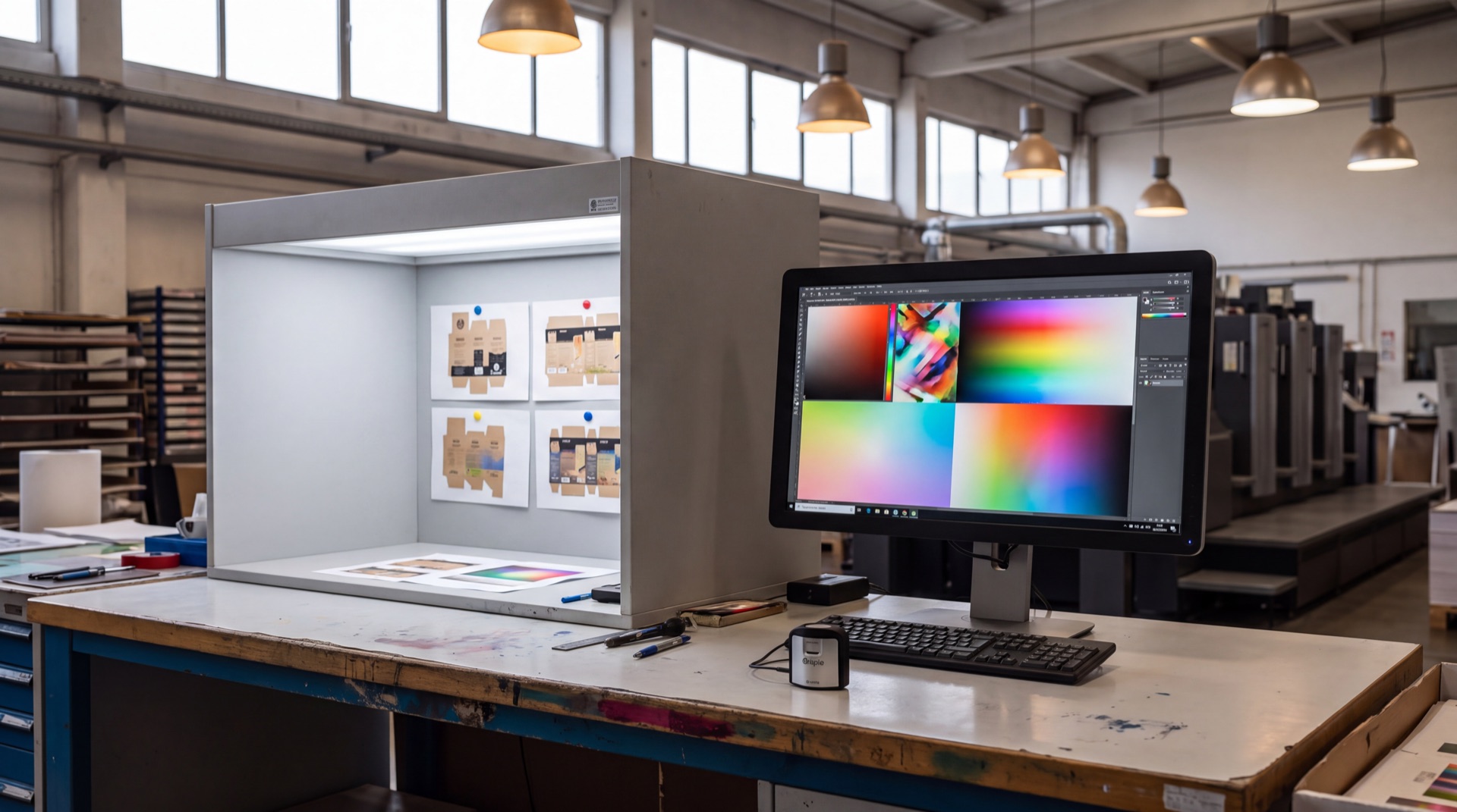 A prepress colour-management station: a D50 viewing booth beside a wide-gamut monitor