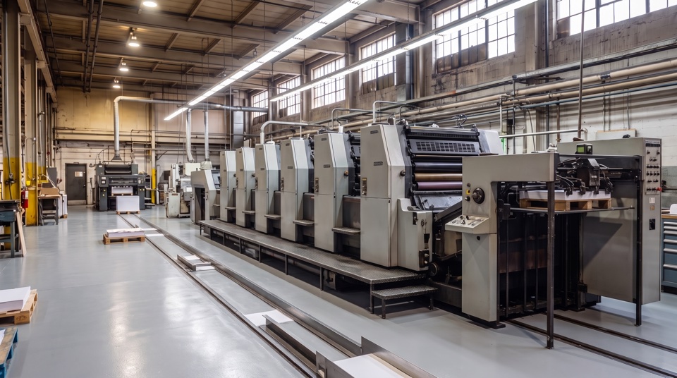 A six-colour Mitsubishi offset line receding under workshop light
