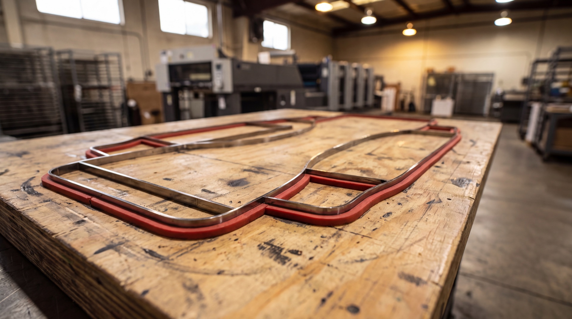Steel-rule die board in close-up — cutting and creasing rules set in plywood